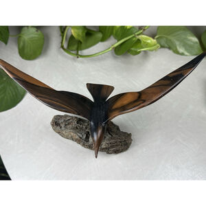 Hand Carved Wooden Seabird Sculpture on Bark Driftwood Base Mid Century Style